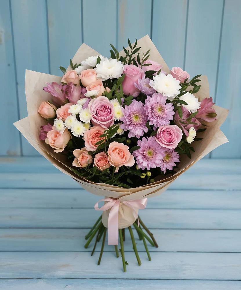 Букет цветов из: Хризантемы, Розы и Альстромерии в Кильдинстрое